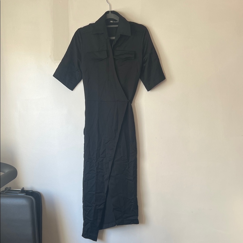 Zara Elegant Wrap Black 3/4 Sleeve Dress faux pocket detail size M